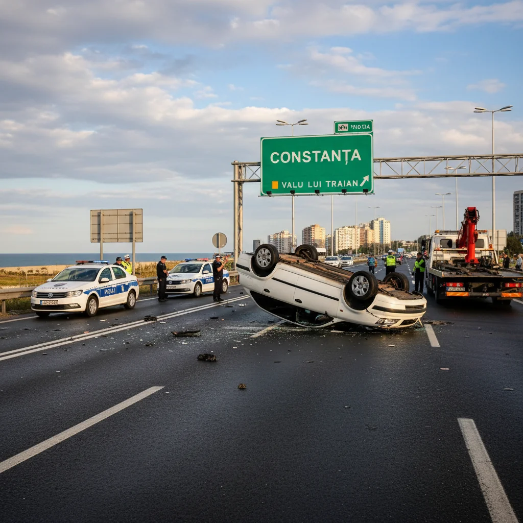 Mașină răsturnată la intrarea în Constanța dinspre Valu lui Traian, în urma unui accident rutier