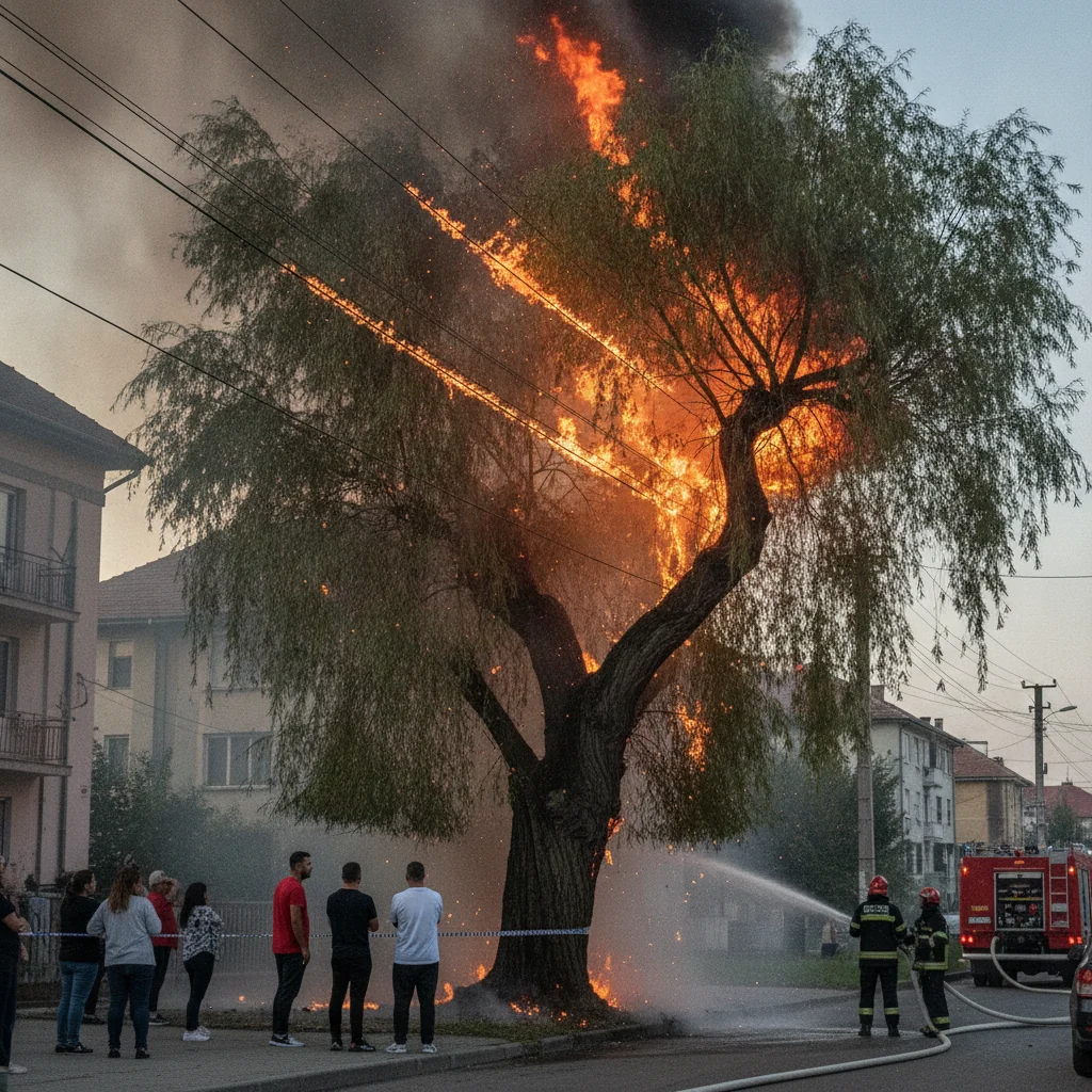 Incendiu stins în Năvodari: o salcie și firele electrice au luat foc pe strada Rândunelelor