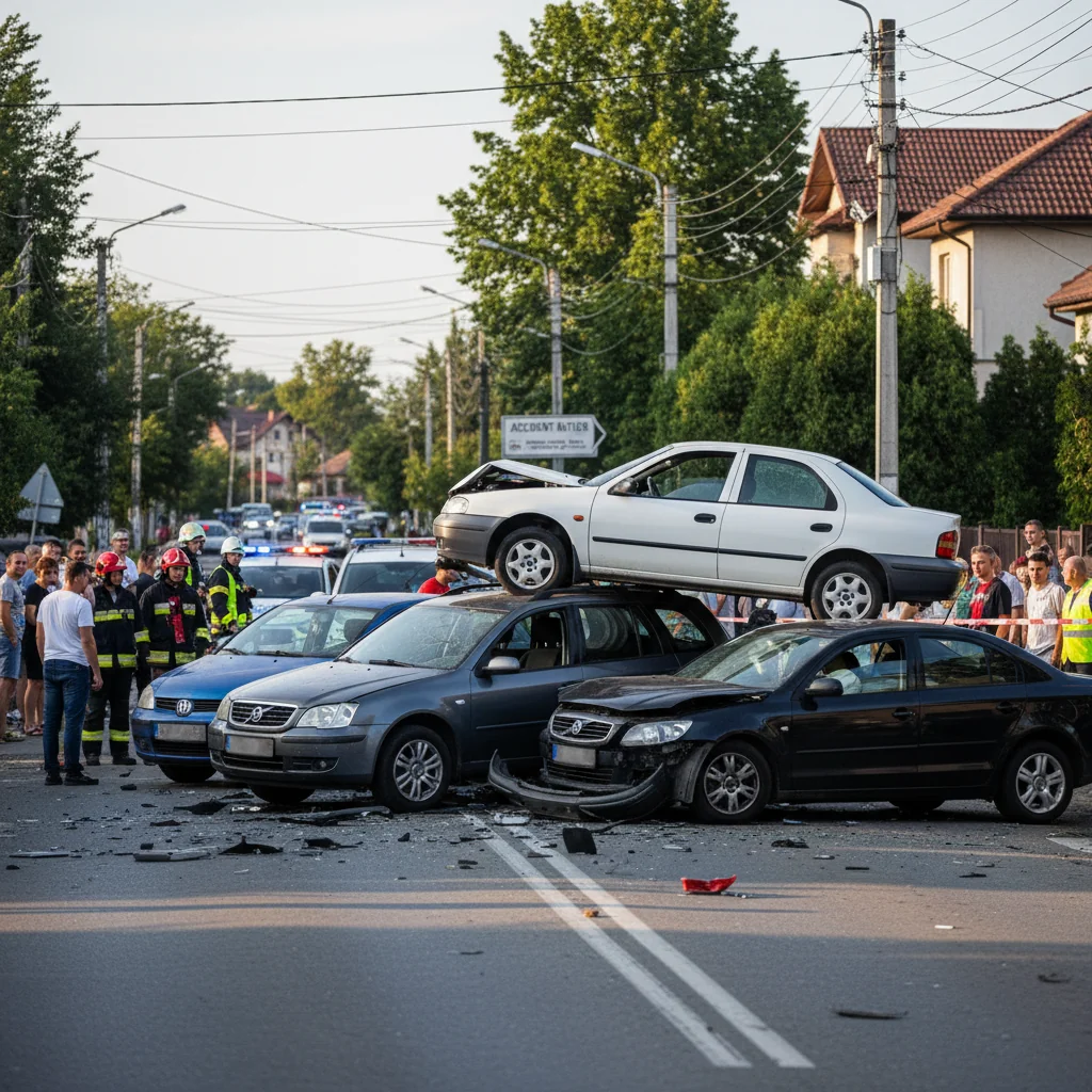 Mașină rămasă suspendată peste alta după un carambol cu patru autoturisme implicate