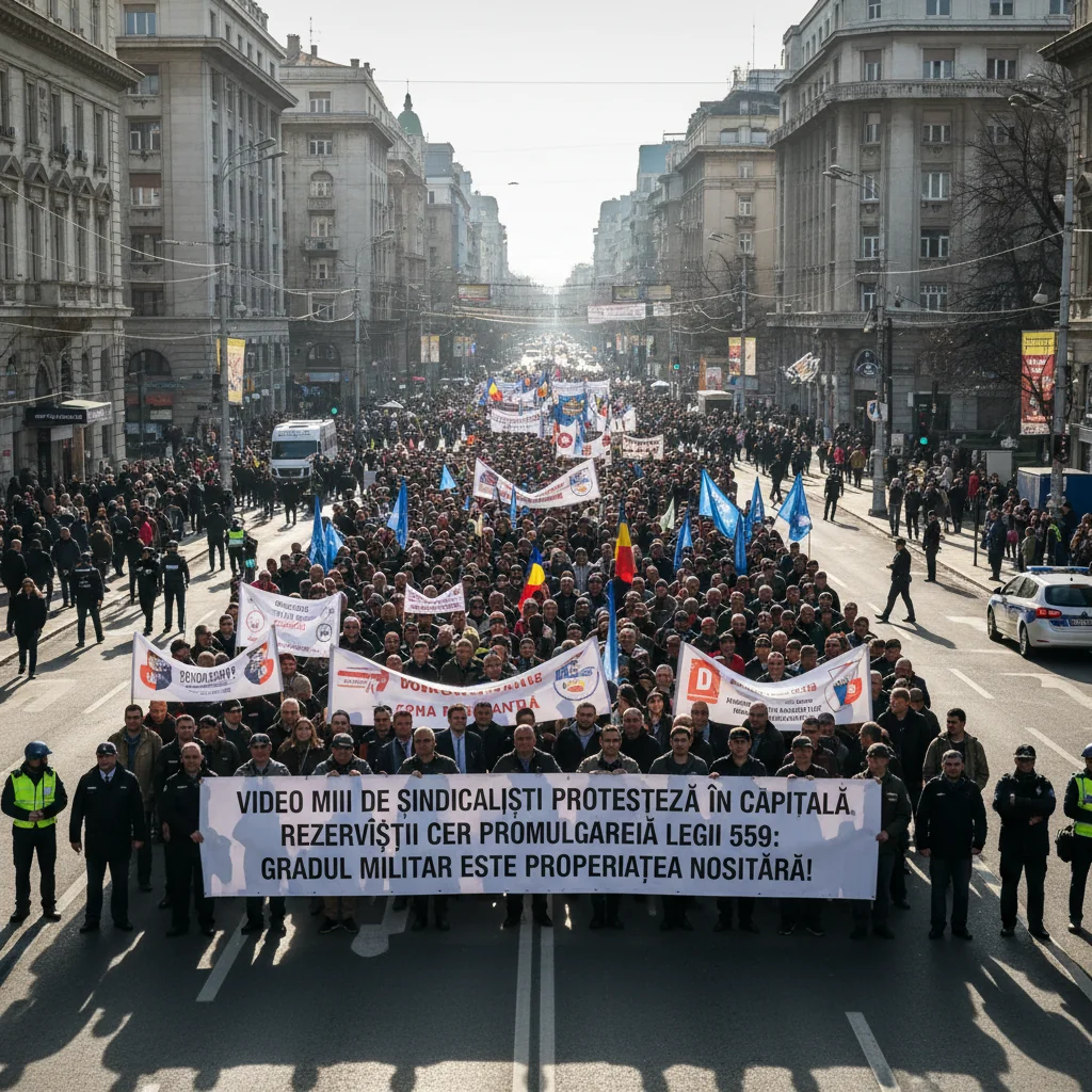 Mii de sindicaliști și rezerviști protestează în București pentru promulgarea Legii 559 privind gradul militar